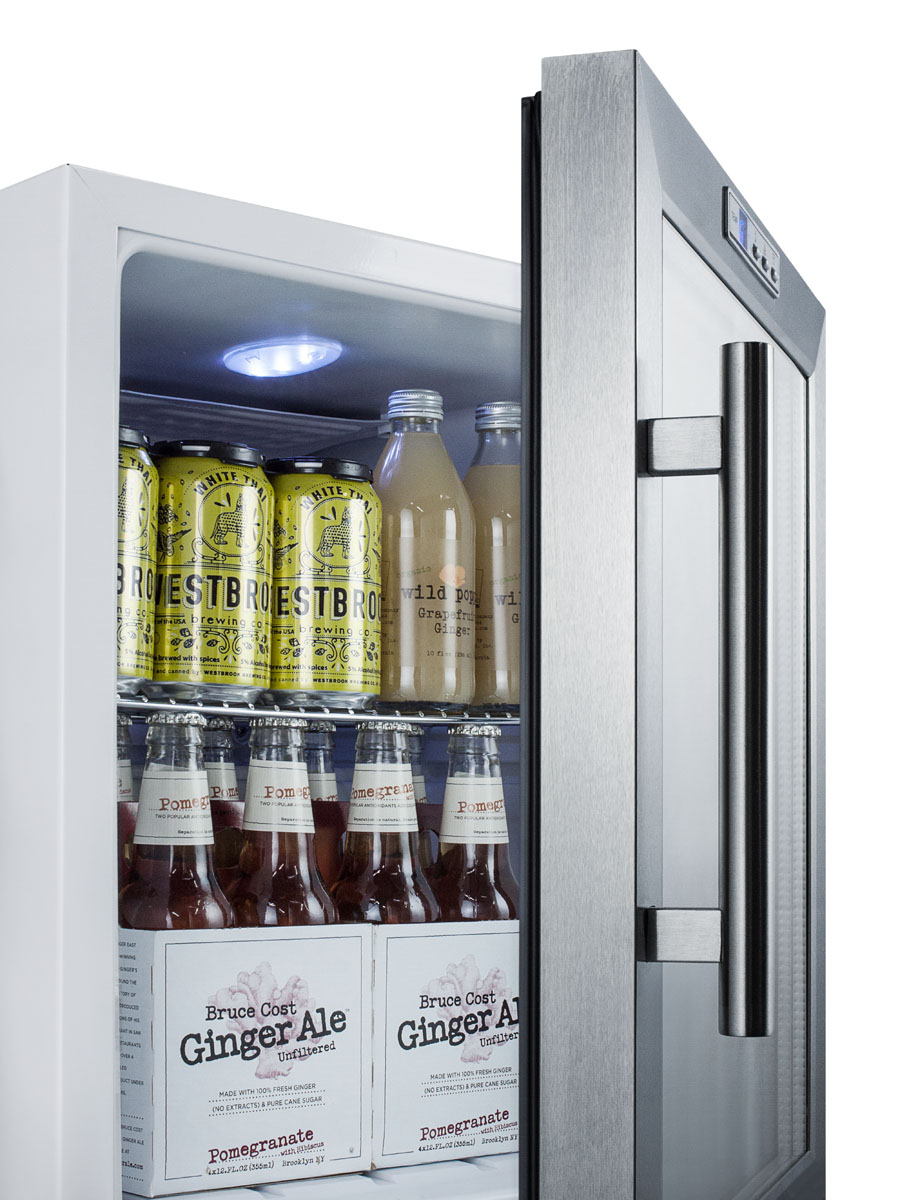 Commercially approved glass door refrigerator designed for the display and refrigeration of beverages or sealed food, with digital thermostat and white cabinet finish